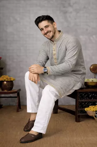 grey color linen silk jacquard weaving kurta pajama set