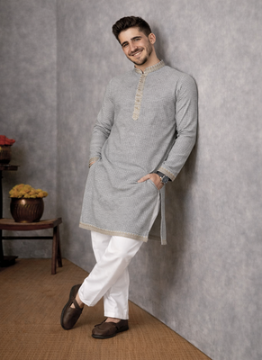 grey color linen silk jacquard weaving kurta pajama set 3