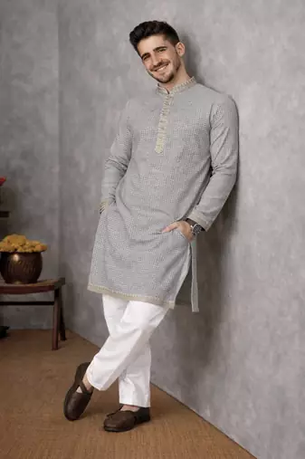 grey color linen silk jacquard weaving kurta pajama set