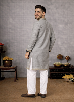 grey color linen silk jacquard weaving kurta pajama set 4