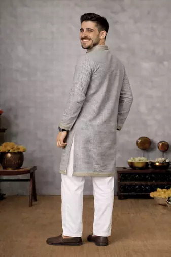 grey color linen silk jacquard weaving kurta pajama set