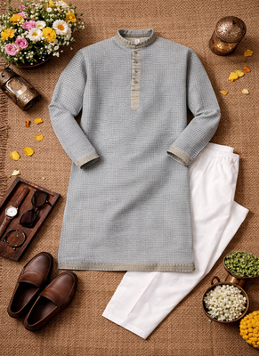 grey color linen silk jacquard weaving kurta pajama set 5