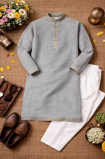 grey color linen silk jacquard weaving kurta pajama set