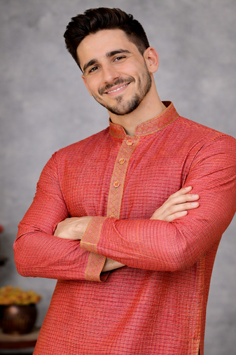 red color linen silk jacquard weaving kurta pajama set