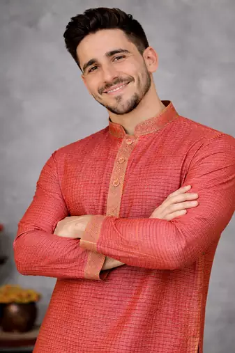 red color linen silk jacquard weaving kurta pajama set