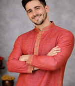 red color linen silk jacquard weaving kurta pajama set