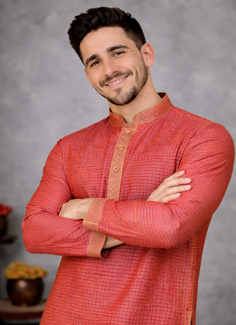 red color linen silk jacquard weaving kurta pajama set