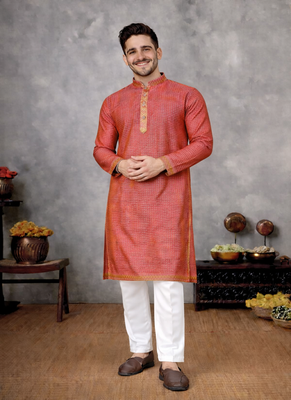 red color linen silk jacquard weaving kurta pajama set 2