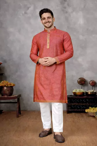 red color linen silk jacquard weaving kurta pajama set