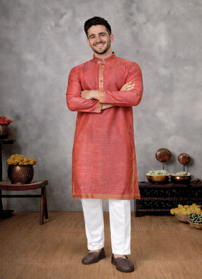 red color linen silk jacquard weaving kurta pajama set 4