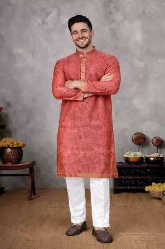 red color linen silk jacquard weaving kurta pajama set