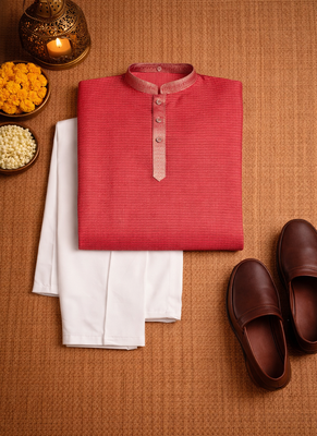 red color linen silk jacquard weaving kurta pajama set 5