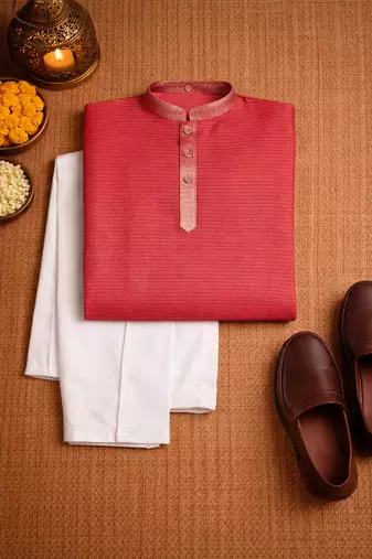red color linen silk jacquard weaving kurta pajama set