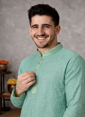 turquoise linen silk jacquard weaving kurta pajama set 1