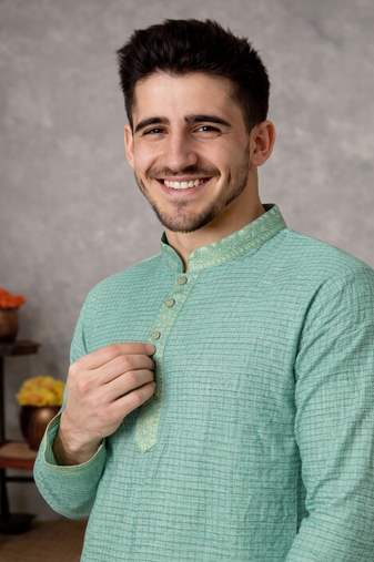 turquoise linen silk jacquard weaving kurta pajama set