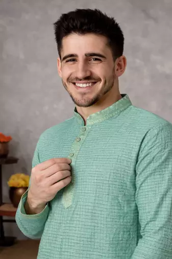 turquoise linen silk jacquard weaving kurta pajama set