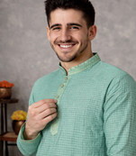 turquoise linen silk jacquard weaving kurta pajama set