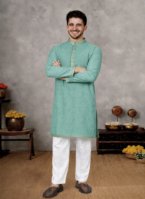turquoise linen silk jacquard weaving kurta pajama set 2