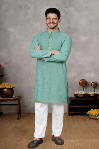 turquoise linen silk jacquard weaving kurta pajama set