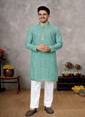 turquoise linen silk jacquard weaving kurta pajama set 3