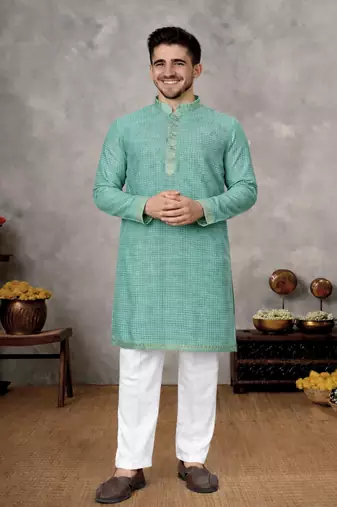 turquoise linen silk jacquard weaving kurta pajama set