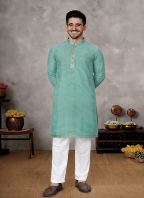 turquoise linen silk jacquard weaving kurta pajama set 4