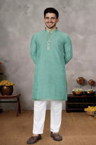 turquoise linen silk jacquard weaving kurta pajama set