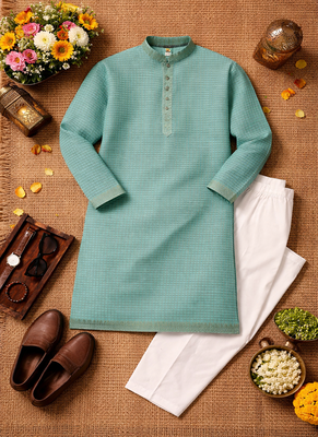turquoise linen silk jacquard weaving kurta pajama set 5