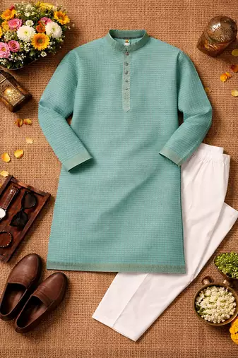 turquoise linen silk jacquard weaving kurta pajama set