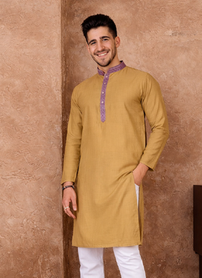 beige color jacquard work linen silk kurta pajama set 1