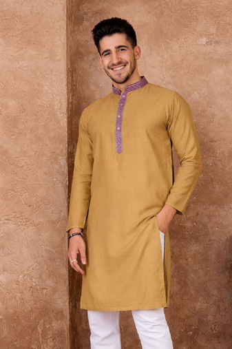 beige color jacquard work linen silk kurta pajama set