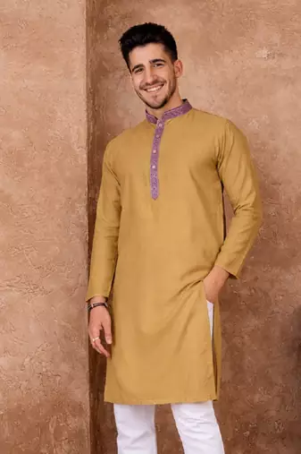 beige color jacquard work linen silk kurta pajama set
