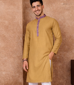 beige color jacquard work linen silk kurta pajama set