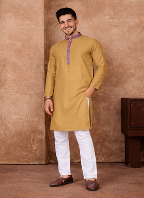 beige color jacquard work linen silk kurta pajama set 2