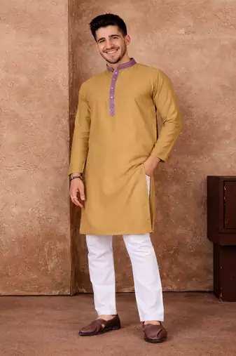 beige color jacquard work linen silk kurta pajama set