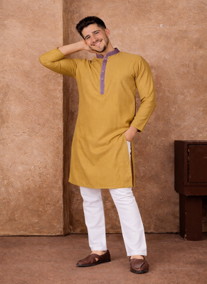 beige color jacquard work linen silk kurta pajama set 3