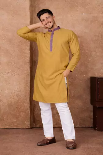 beige color jacquard work linen silk kurta pajama set