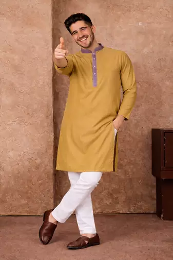 beige color jacquard work linen silk kurta pajama set
