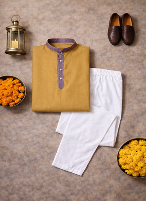 beige color jacquard work linen silk kurta pajama set 5