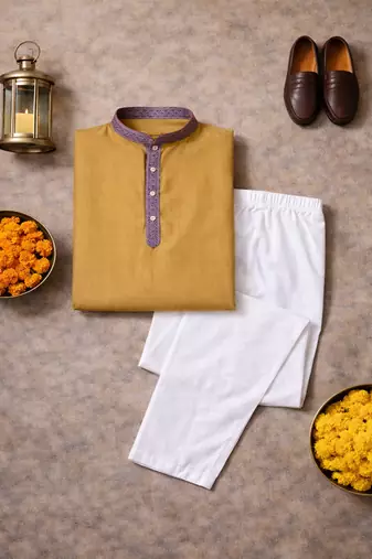 beige color jacquard work linen silk kurta pajama set