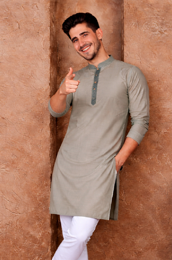 grey color jacquard work linen silk kurta pajama set