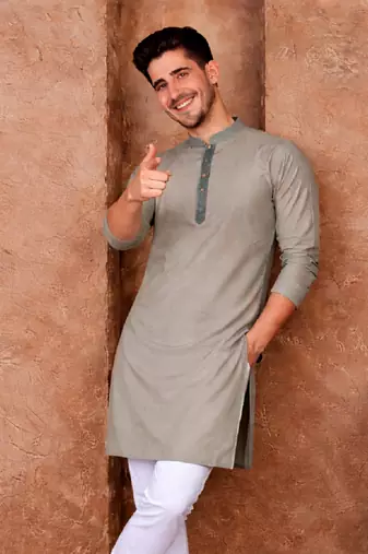 grey color jacquard work linen silk kurta pajama set