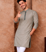 grey color jacquard work linen silk kurta pajama set