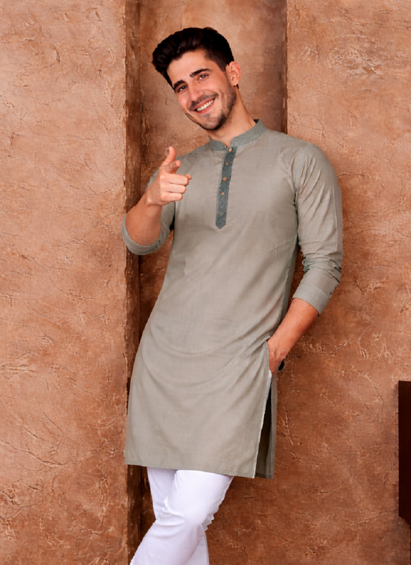 grey color jacquard work linen silk kurta pajama set