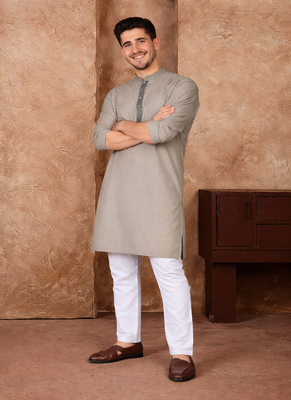 grey color jacquard work linen silk kurta pajama set 2