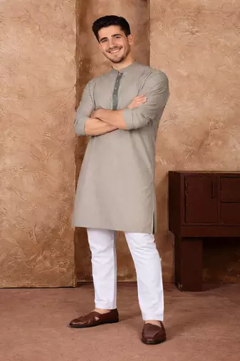 grey color jacquard work linen silk kurta pajama set