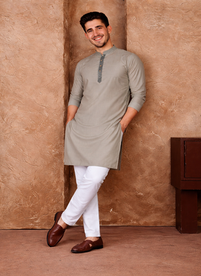 grey color jacquard work linen silk kurta pajama set 3