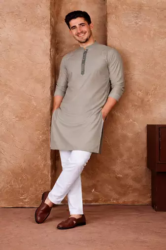 grey color jacquard work linen silk kurta pajama set