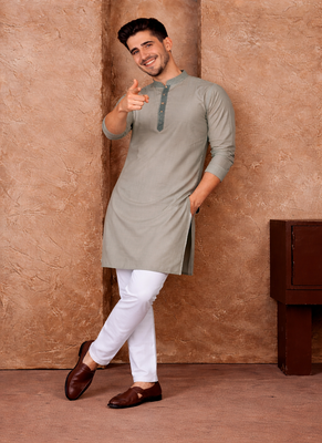 grey color jacquard work linen silk kurta pajama set 4