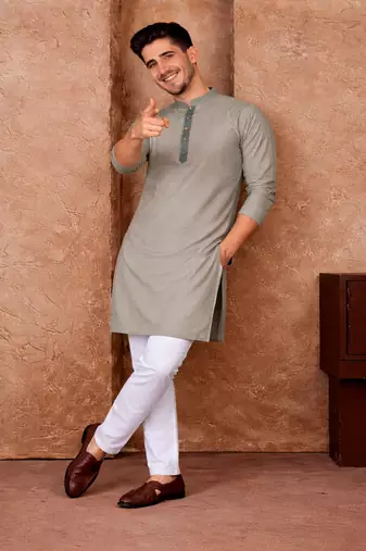 grey color jacquard work linen silk kurta pajama set